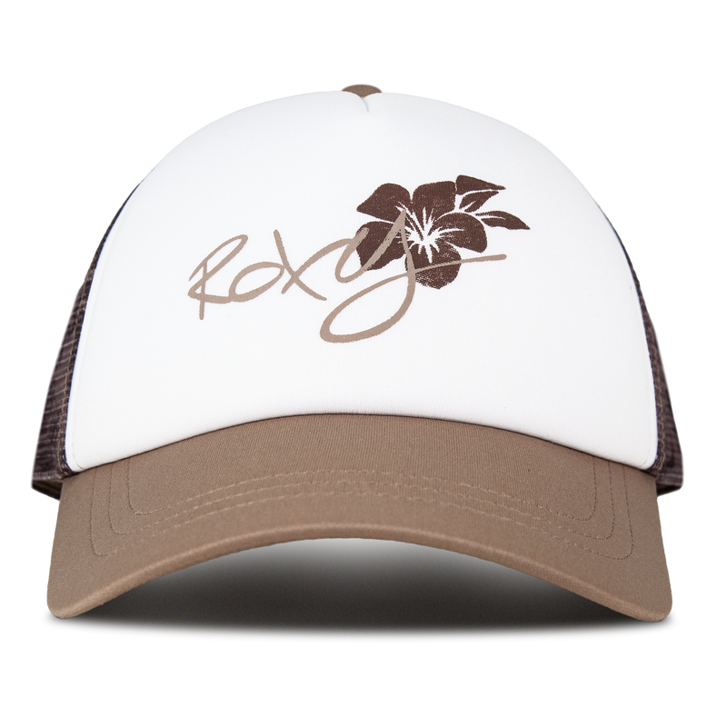 Front view of the Roxy Donut Spain Trucker hat in Sweet Mai/Brownie, featuring a white front panel, brown brim, and mesh sides. The front showcases a brown hibiscus flower and “Roxy” script, making it an ideal casual accessory.