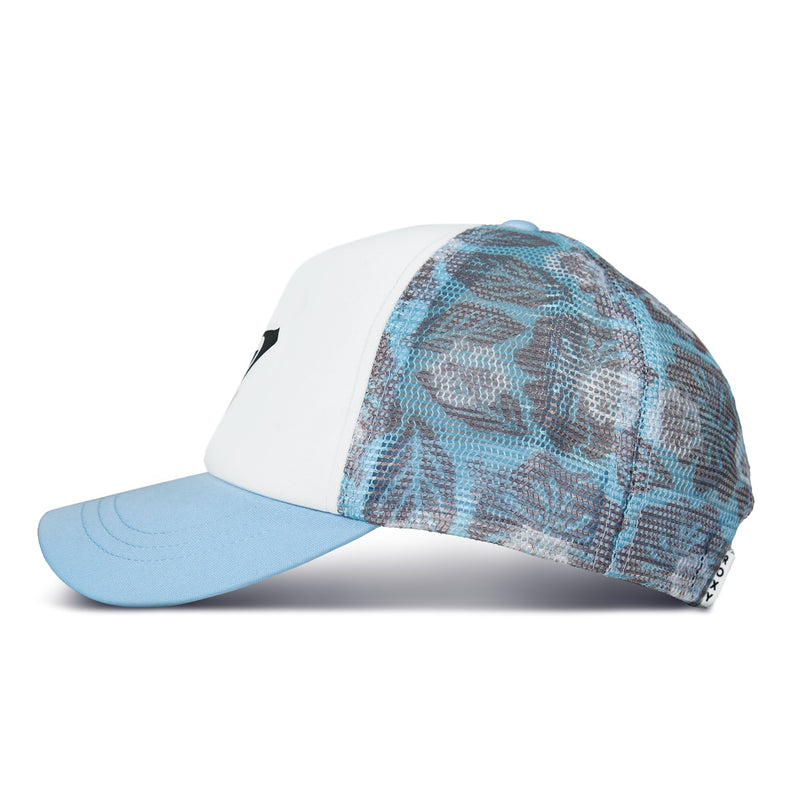Add a playful touch to your outfit with the Roxy Donut Spain Trucker—a blue and white trucker hat featuring a light blue bill, a crisp white front panel, and mesh side and back panels adorned with a blue and gray leafy pattern. This hat is the perfect casual accessory for any laid-back look.