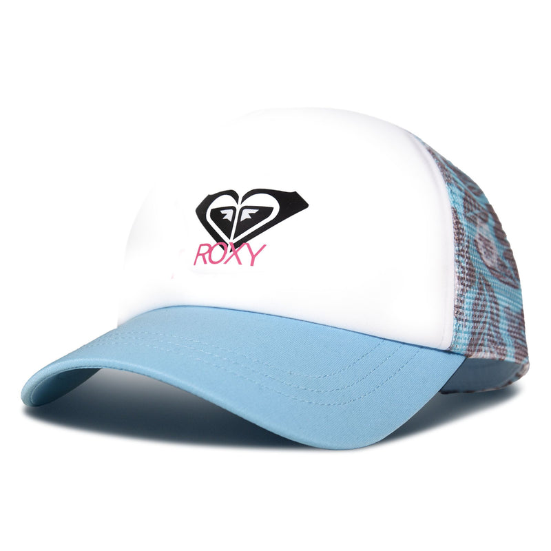 The Donut Spain Trucker by Roxy is a blue and white trucker hat with a mesh back, featuring a black heart-shaped logo and the word “ROXY” in pink on the front—making it a playful accessory for any outfit.