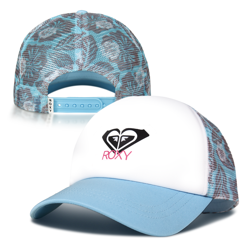 A blue and white Roxy Donut Spain Trucker hat featuring a mesh back, floral pattern, adjustable strap, and the Roxy logo in black and pink on the front.