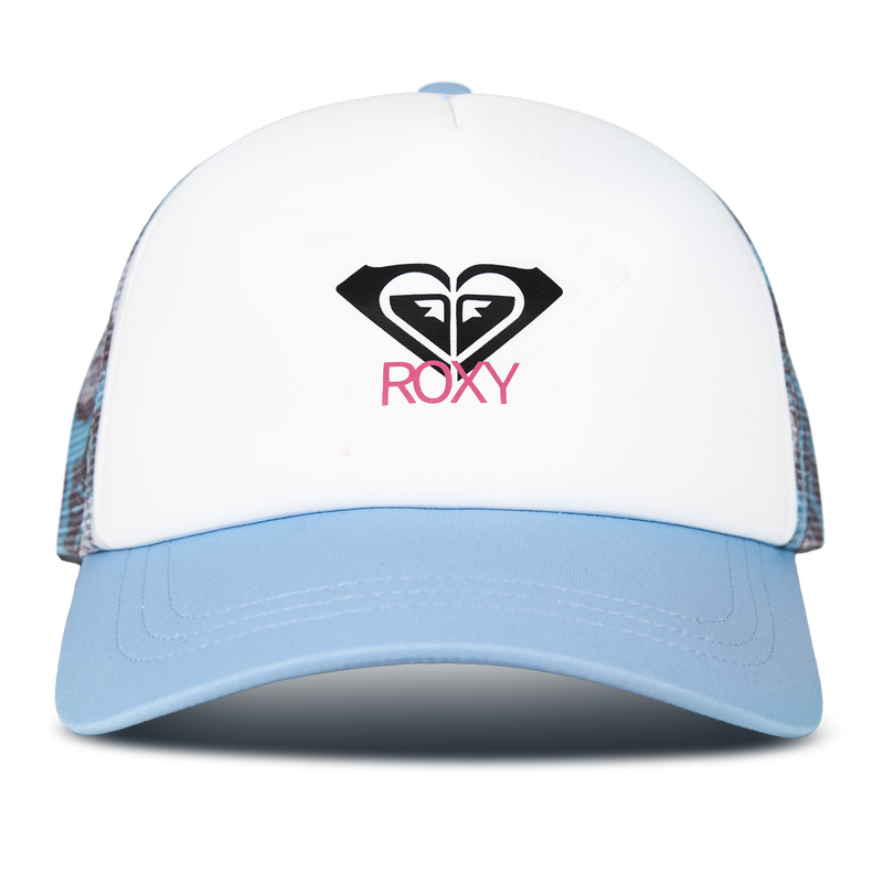 A Roxy Donut Spain Trucker hat in Hibiscus Hype/Logo features a white and light blue design with a black heart-shaped logo and pink “ROXY” lettering on the front. The sides and back showcase mesh panels with a blue checkered pattern, making it a stylish, casual accessory perfect for any laid-back look.