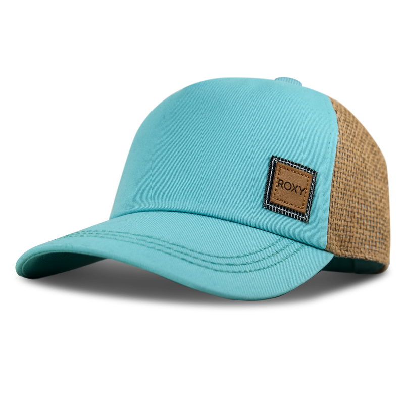 A stylish Roxy Incognito Cap for women, featuring a light blue front panel, a brown mesh back, and a small brown “Roxy” patch on the front, is displayed against a white background.