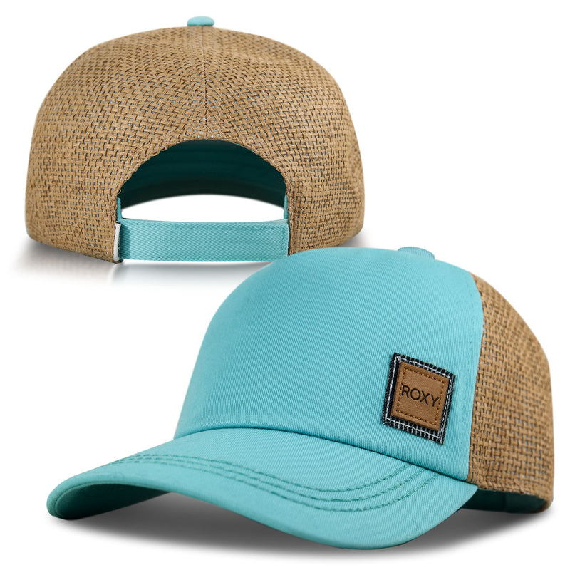 The Roxy Incognito Cap is a fashionable women’s accessory featuring a turquoise front and brim, a brown woven mesh back, and an adjustable strap for personalized comfort. Accented with a small square ROXY patch on the front, this cotton linen cap effortlessly combines comfort with modern style.