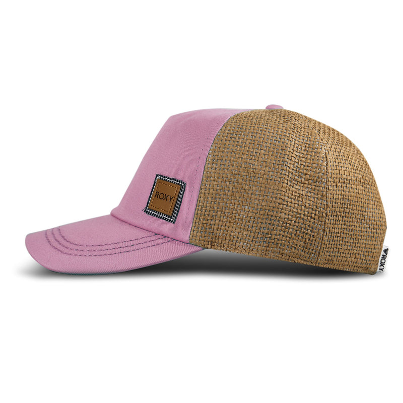 Side view of the Roxy Incognito Cap featuring a pink front panel and bill, tan mesh back, and a brown patch labeled “ROXY” on the front. This women’s cap showcases classic design elements and is displayed on a white surface.