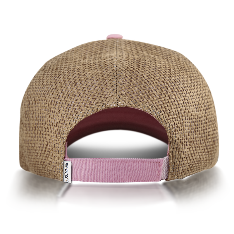 A brown woven Incognito Cap by Roxy, shown from the back, features a pink adjustable strap and a small white tag with a black logo on the left side. The cap’s interior is also pink, adding a vibrant touch to this stylish women’s accessory crafted from comfortable cotton linen.