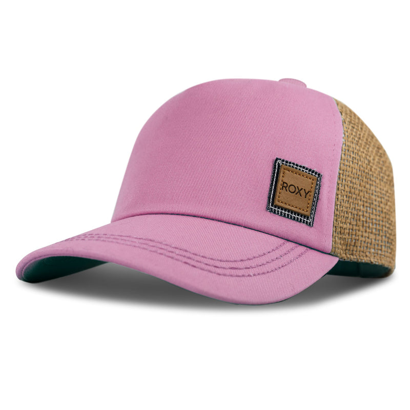 A pink Roxy Women’s Incognito Cap with a brown mesh back and a leather patch labeled ROXY on the front. This women’s stylish cap features a curved brim and is shown against a white background, blending fashion and function for everyday wear.