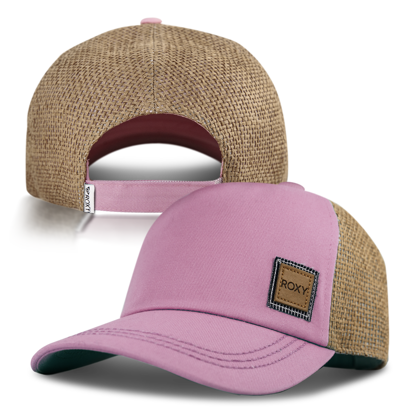 The Roxy Incognito Cap is shown from the front and back. This women’s stylish pink and tan mesh trucker hat features a ROXY patch on the front and an adjustable strap at the back for a customized fit.