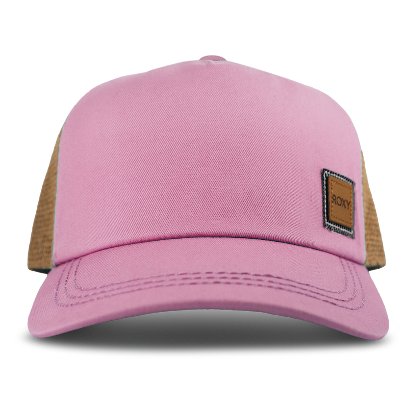A lilac sachet Incognito Cap by Roxy, featuring a brown mesh back and a small brown patch with the ROXY logo on the front panel, is presented as a stylish women’s cap against a white background.