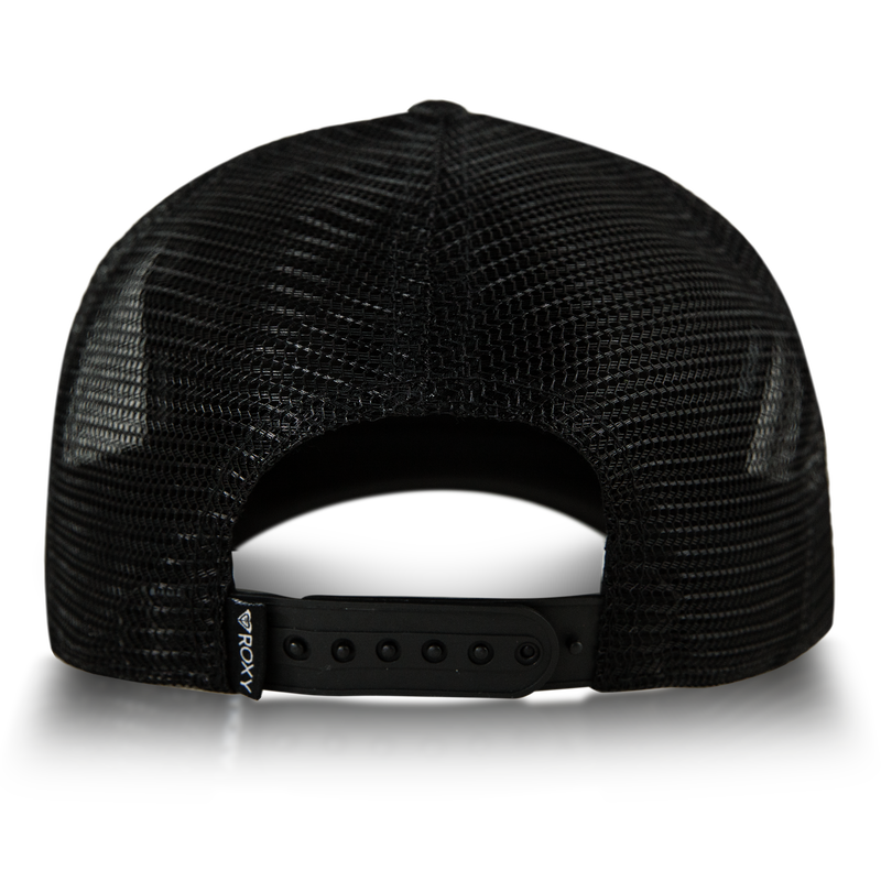 The image displays the back view of the Island Ride Trucker hat by Roxy, featuring a black mesh design, adjustable snapback closure, and a small Roxy-branded tag on the left side. The cap is set against a plain white background.