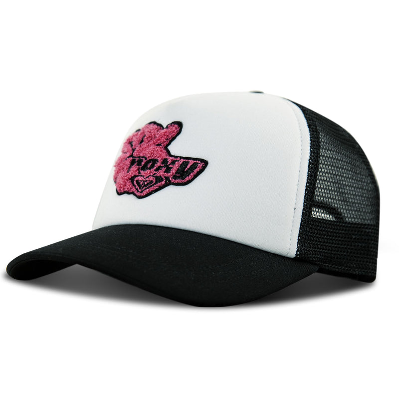 The Roxy Island Ride Trucker hat features a white front panel with a pink bear and the word “TOY” embroidered on it, a curved black brim, black mesh back, and an adjustable snapback closure for a comfortable fit.