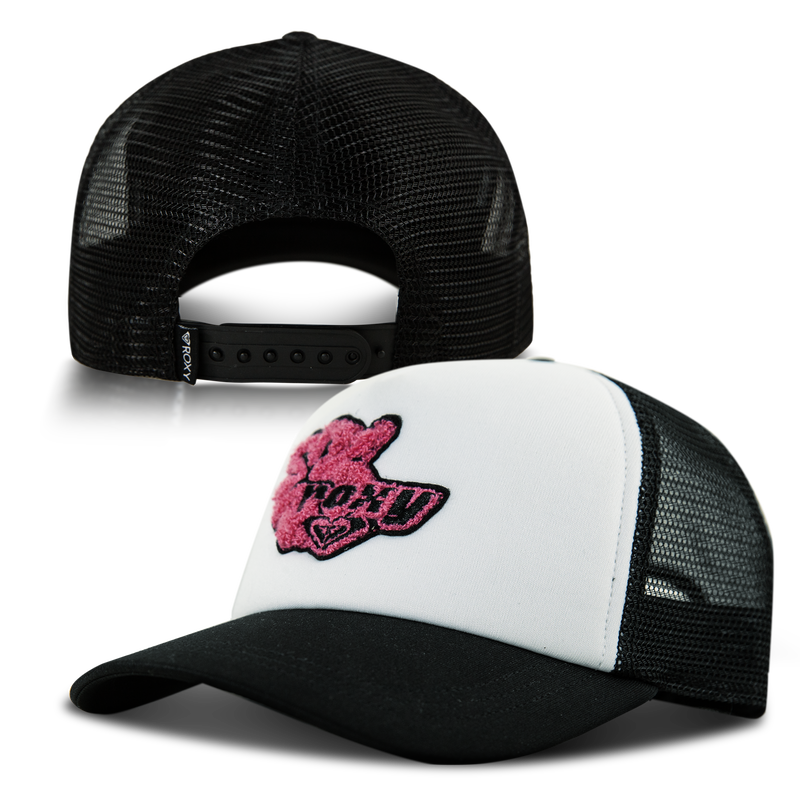 Two black mesh Roxy Island Ride Trucker hats with white fronts. One hat faces forward, showing a pink hibiscus patch with “xoxo” and a heart; the other displays the adjustable snapback closure at the back.