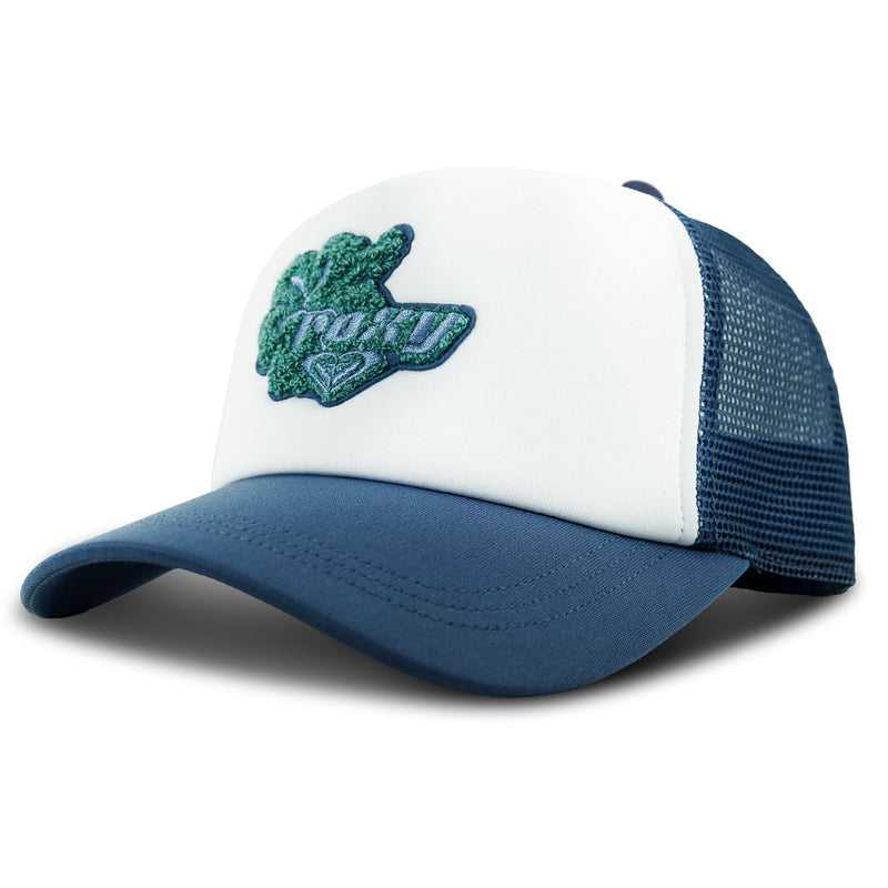 The Island Ride Trucker by Roxy is a blue and white hat featuring a mesh back and a green textured embroidered hibiscus patch with logo detailing on the front.