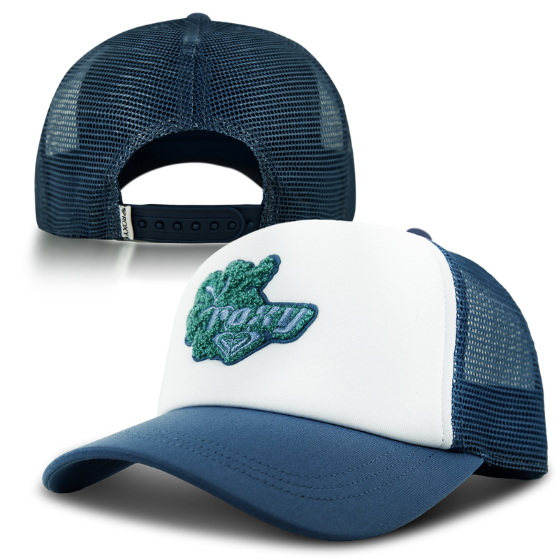 The ROXY Island Ride Trucker is a navy blue and white hat with mesh sides and back, making it a stylish choice for the beach. The front displays a green embroidered patch with an abstract design and white text, while the adjustable snap closure at the back ensures a comfortable fit.