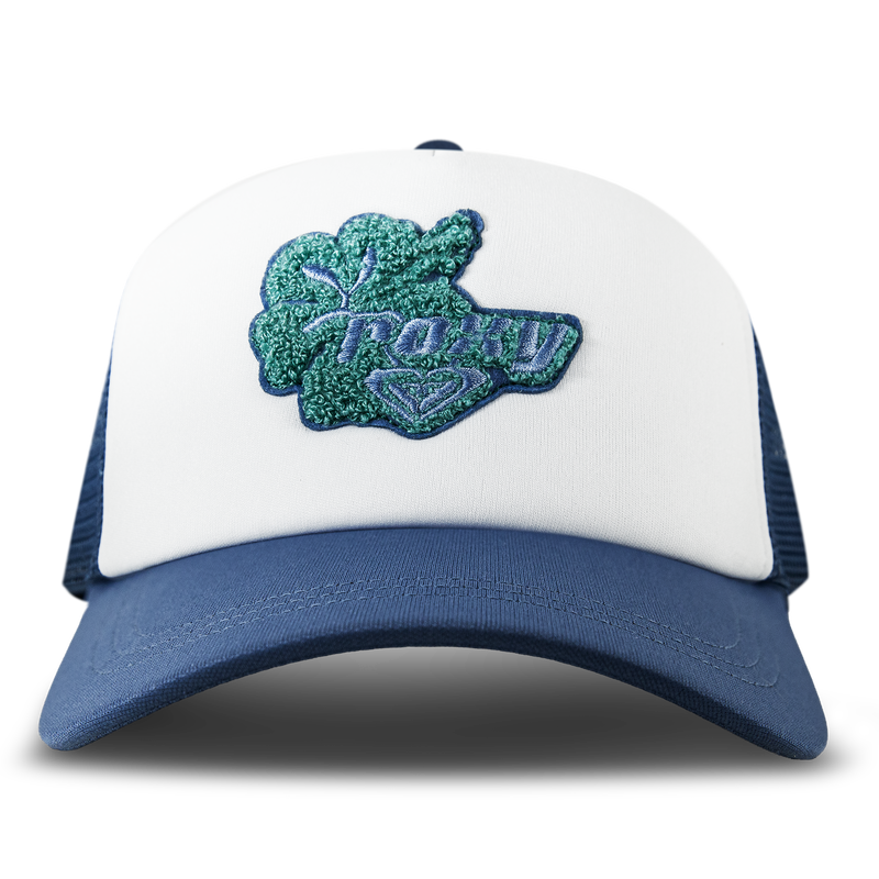 Show off laid-back style with the Roxy Island Ride Trucker, a Dutch Blue and white hat featuring a green and blue leaf patch embroidered with “TROKY” on the front—perfect for capturing classic vibes with a beachy feel.