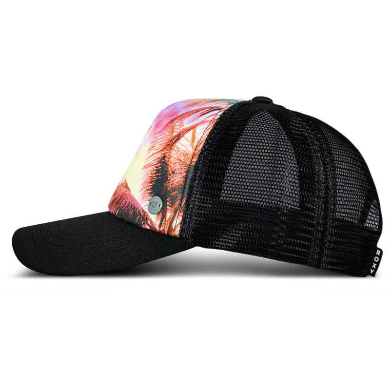 The ROXY Pro Surf Trucker is a black mesh trucker hat featuring a vibrant sunset and palm tree print on the front panel, perfect for adding beach vibes to any outfit. It’s designed with an adjustable snapback closure for a comfortable, custom fit.