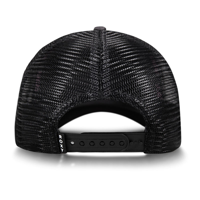Back view of the Pro Surf Trucker by Roxy, featuring black mesh panels, an adjustable snapback closure, and a small fabric tag on the left side with “Roxy” in white text—perfect for channeling effortless beach vibes.
