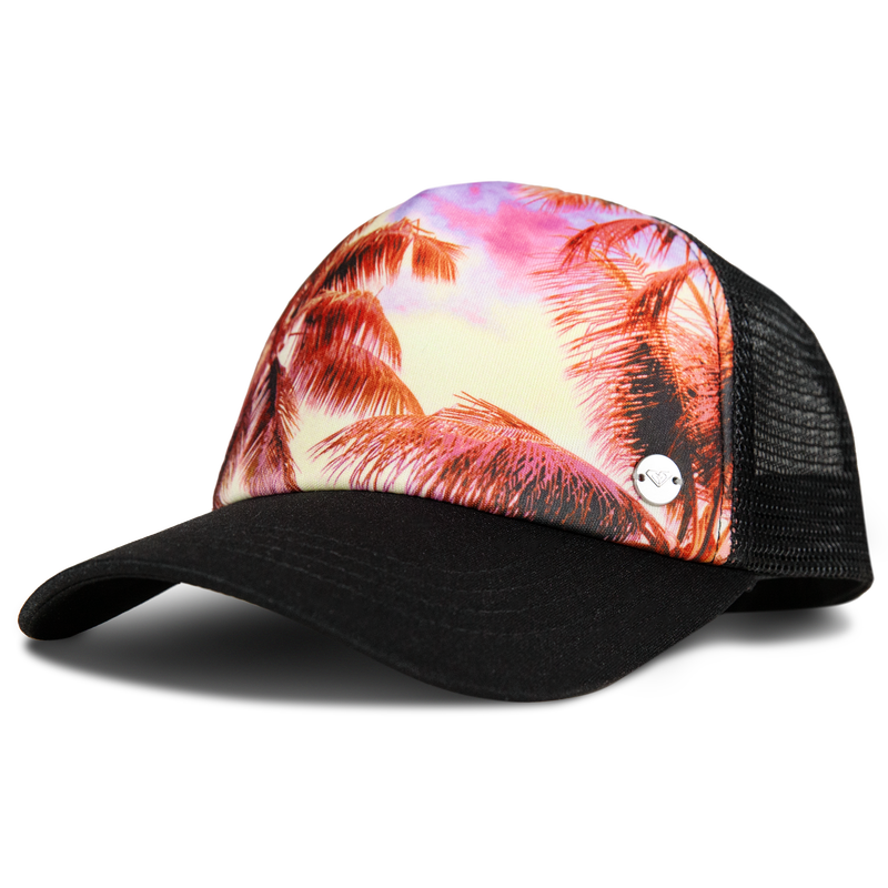 Introducing the ROXY Pro Surf Trucker hat—a black mesh trucker cap with a vibrant front panel showcasing a sunset sky and palm trees design. Perfect for adding beach vibes to any outfit, this hat features an adjustable snapback closure for a comfortable fit.