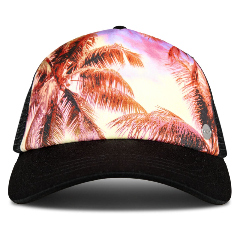 The Roxy Pro Surf Trucker hat in Anthracite features a black brim and mesh, with a vibrant palm tree sunset design on the front panel for laid-back beach style. Its adjustable snapback provides a comfortable fit for all-day wear.