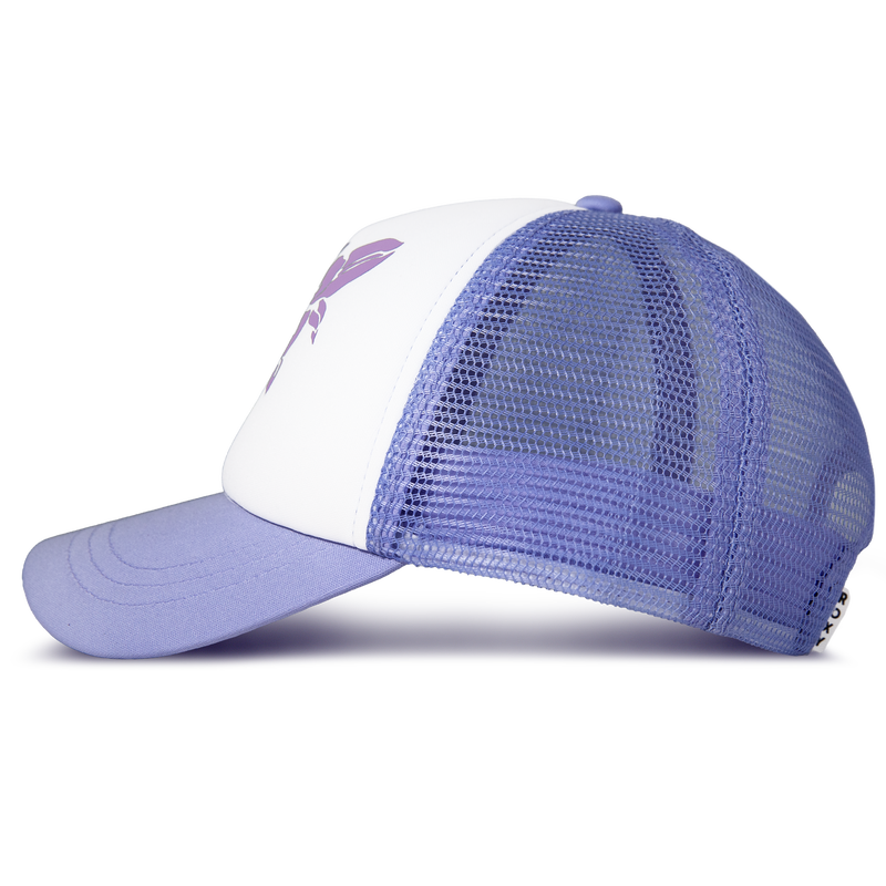 A side view of the Roxy Sandy Top Trucker cap showcases a lavender brim, mesh back, and white front panel adorned with a partial purple graphic or logo. This stylish hat from Roxy provides sun protection and has an adjustable snapback closure for a customizable fit.