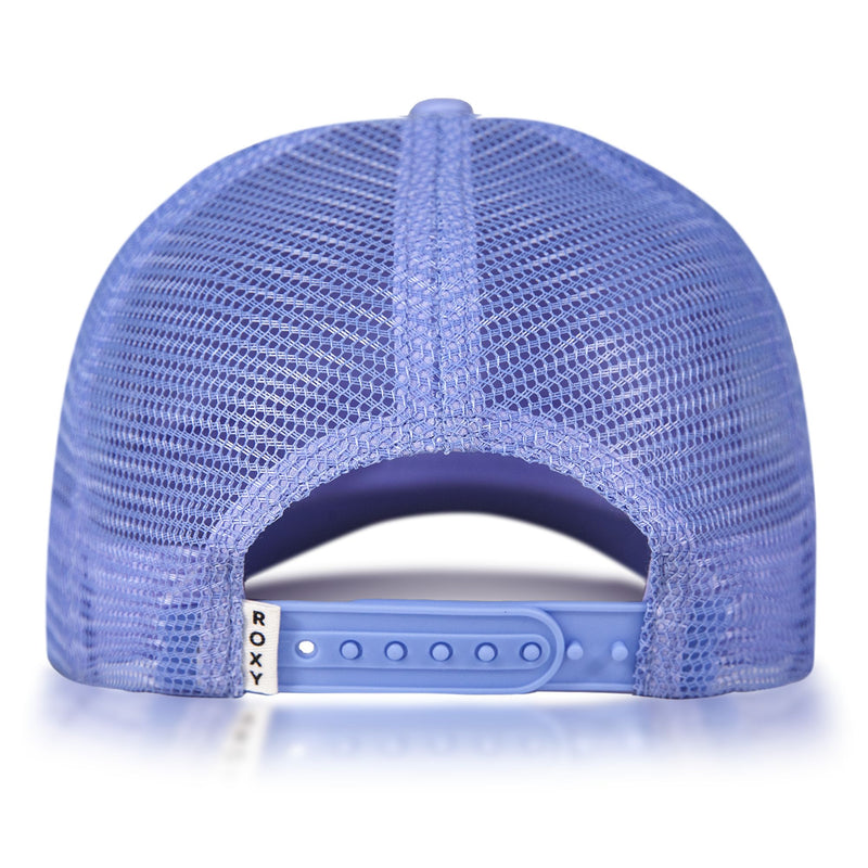 Back view of the Sandy Top Trucker by Roxy in blue, featuring breathable mesh for sun protection, an adjustable snapback closure, and a small white ROXY tag on the left side.