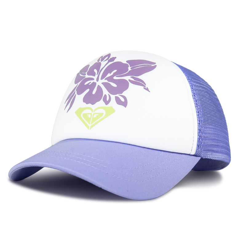 Introducing the Sandy Top Trucker by Roxy—a stylish purple and white trucker cap showcasing a bold hibiscus flower graphic and a yellow geometric Roxy logo on the front panel. The visor and mesh back are finished in vibrant purple, while the adjustable snapback closure offers a secure, comfortable fit and dependable sun protection.
