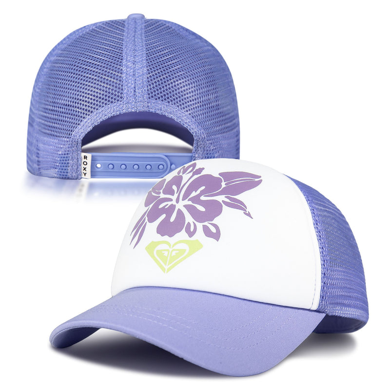 The ROXY Sandy Top Trucker cap features a lavender and white design with a mesh back, accented by a purple hibiscus flower and a yellow-green heart-shaped logo on the front. An adjustable snapback closure at the back ensures comfort and a secure fit, providing sun protection for all your outdoor adventures.