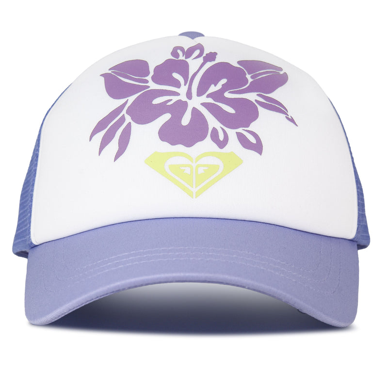 The ROXY Sandy Top Trucker cap in Very Peri features a large purple hibiscus flower graphic and a small yellow heart logo on the front. This stylish trucker hat provides sun protection and includes an adjustable snapback closure for a comfortable fit.