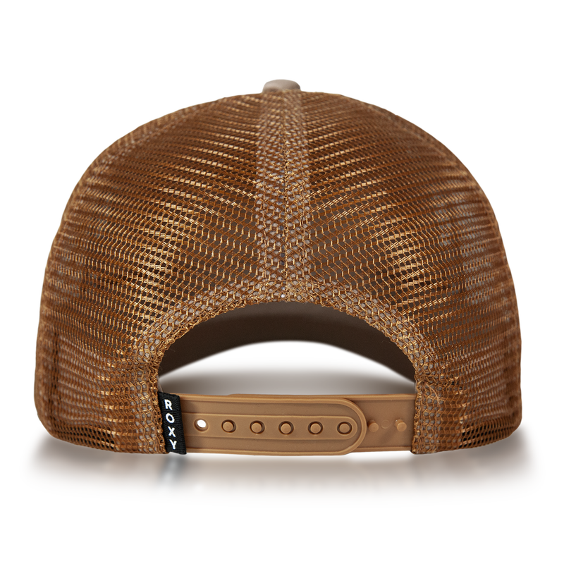 The Sandy Top Trucker cap by Roxy is pictured from the back, showcasing its brown mesh design, adjustable snapback closure, and a small black tag with the white Roxy logo on the left side for added style and sun protection.