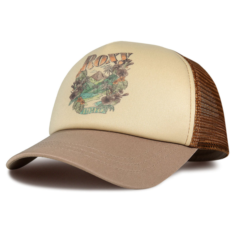 The Roxy Sandy Top Trucker is a tan and brown cap with a mesh back, featuring a nature-themed graphic and the word “Roxy” on the front. Designed with an adjustable snapback for a comfortable fit, this stylish hat offers sun protection for all your outdoor adventures.