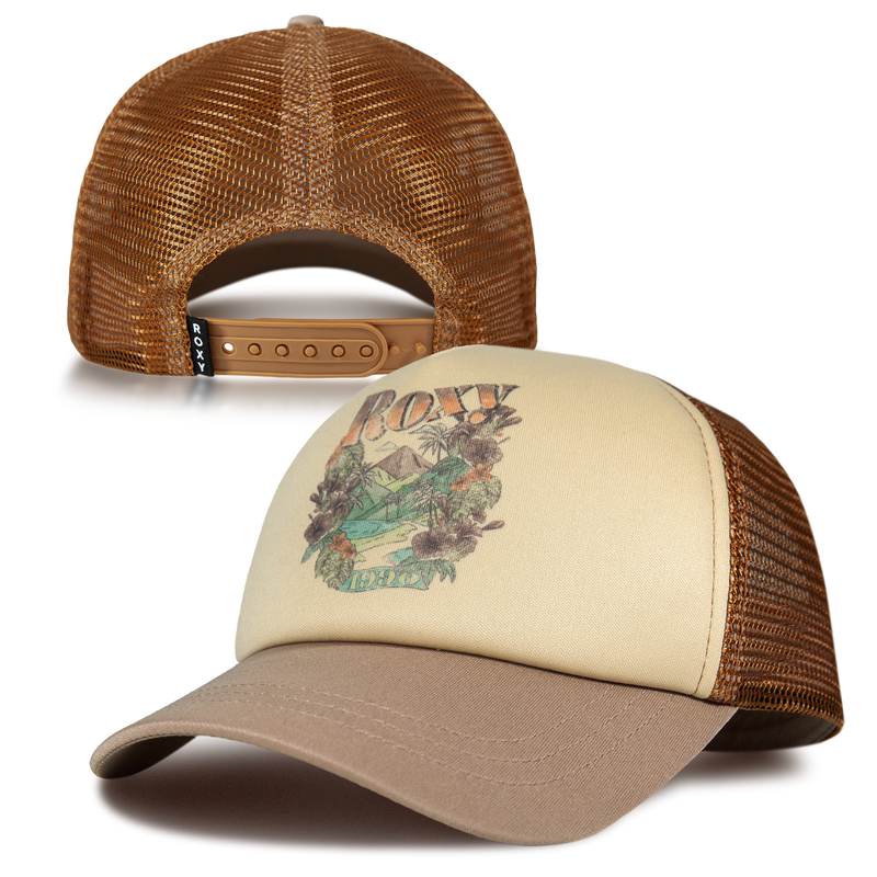 The Roxy Sandy Top Trucker is a brown and beige cap featuring mesh sides, an adjustable snapback, and a front graphic of mountains, flowers, and the text “ROXY RELAX,” providing stylish sun protection for your outdoor adventures.
