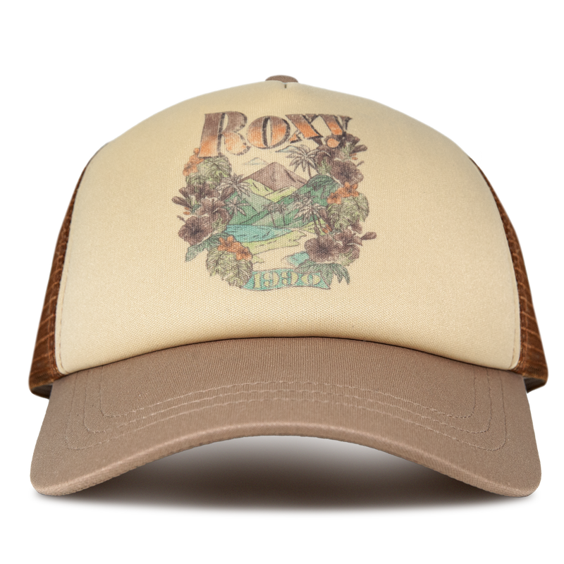 The Sandy Top Trucker by Roxy is a stylish trucker cap in a Brownie colorway, featuring a faded tropical graphic with palm trees, mountains, and water, along with the word “Roxy” printed on the front. This hat offers sun protection and has an adjustable snapback closure for a perfect fit.