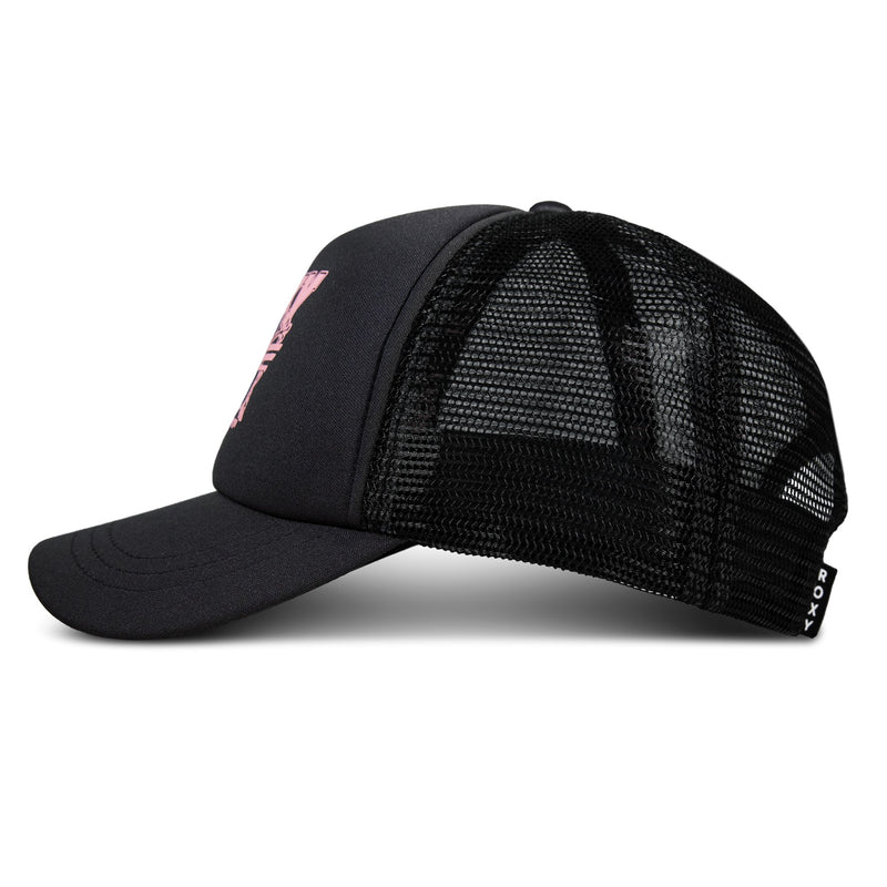 The Roxy Sandy Top Trucker is a black mesh trucker cap featuring a curved brim, a solid front panel with a pink graphic design, and an adjustable snapback for a customizable fit. Designed to provide excellent sun protection, this hat also includes a small black tag with white “Roxy” text on the side.