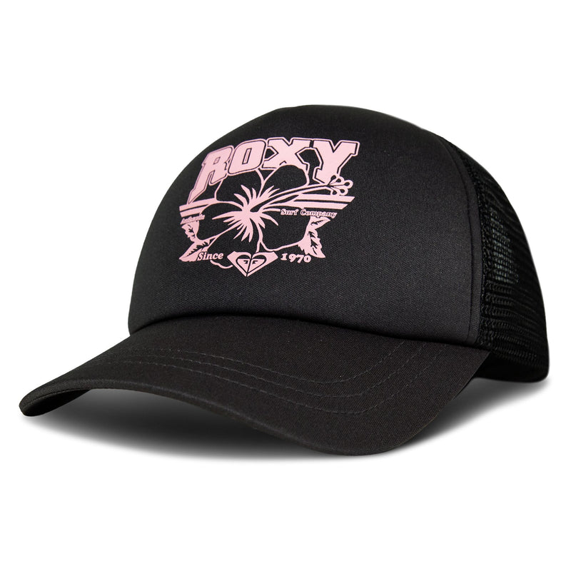 The Sandy Top Trucker by Roxy is a black mesh trucker cap with a curved bill, showcasing a pink ROXY logo, palm tree graphic, and “Since 1970” text on the front panel. Designed for sun protection and comfort, it features an adjustable snapback closure for a customizable fit.