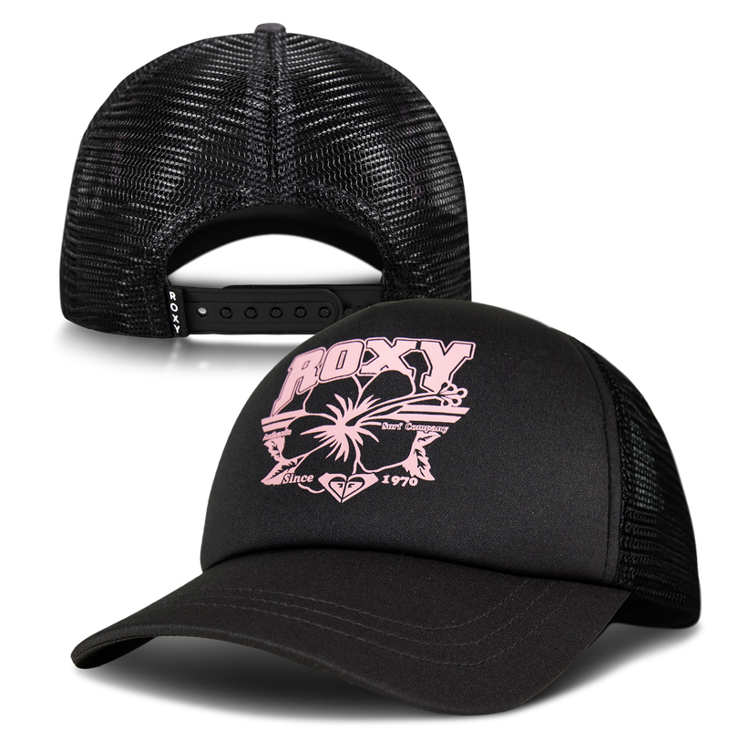 The Sandy Top Trucker by ROXY is a black mesh cap with a curved brim, featuring a pink graphic and bold ROXY branding on the front. The back showcases an adjustable snapback closure and breathable mesh panels for comfort and sun protection.