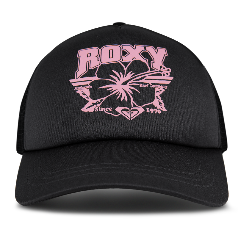 The Roxy Sandy Top Trucker in Anthracite is a stylish cap featuring pink graphics with a flower, leaves, and the text “Roxy,” “Authentic Surf Company,” and “Since 1970” on the front panel. Designed for comfort, it offers an adjustable snapback closure and reliable sun protection for all your outdoor adventures.