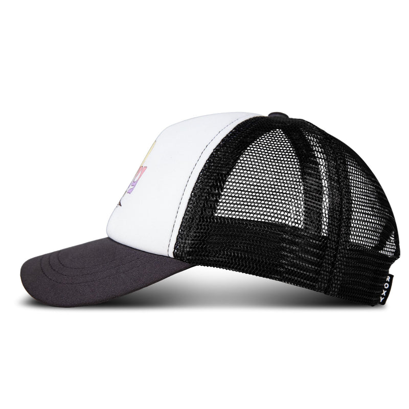 A side view of the Roxy Sandy Top Trucker cap in black, featuring a white front panel and a black curved brim. This hat is equipped with an adjustable snapback closure for comfort and dependable sun protection during everyday activities.