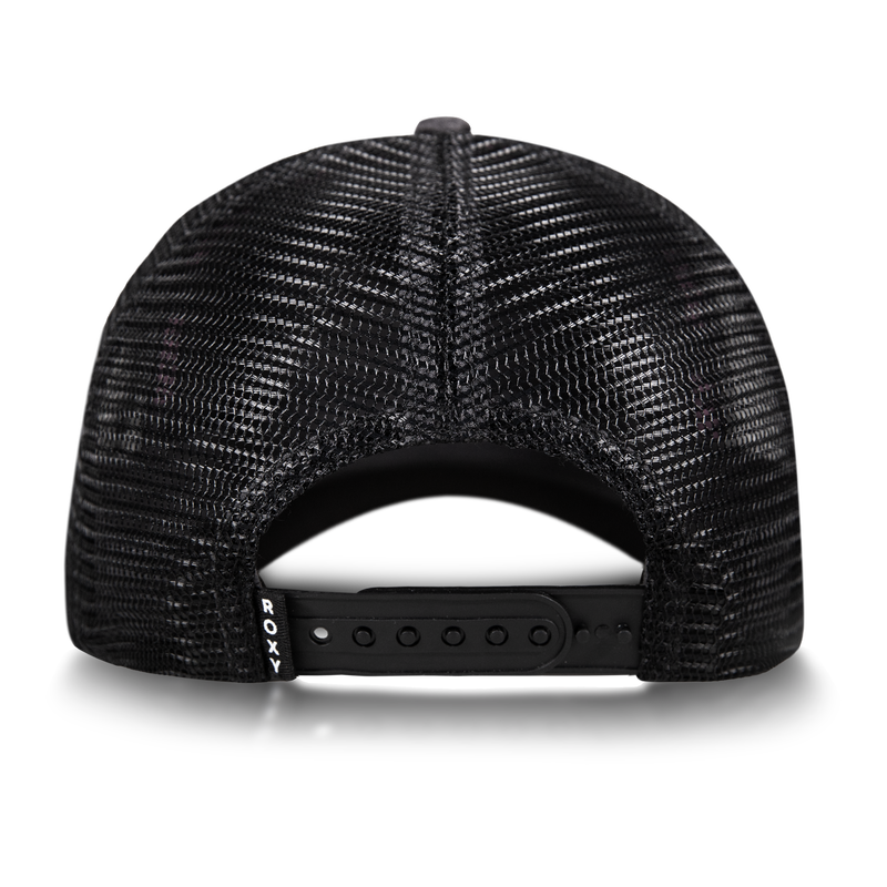 Back view of the Sandy Top Trucker by Roxy in black mesh, featuring an adjustable snapback closure and a small fabric tag on the left side for added style and sun protection.