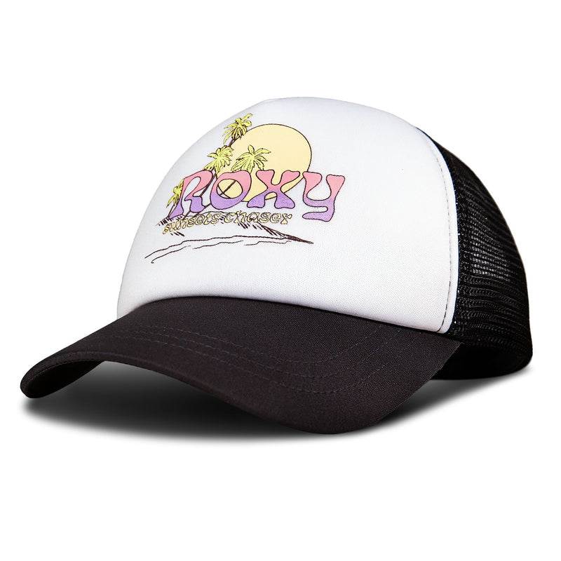 Introducing the Sandy Top Trucker by Roxy—a black and white trucker cap featuring “ROXY” in bold pink and yellow letters, accented with palm trees and a sunset graphic on the front. The back showcases breathable black mesh and an adjustable snapback for a customizable, comfortable fit, delivering sun protection with signature Roxy style.