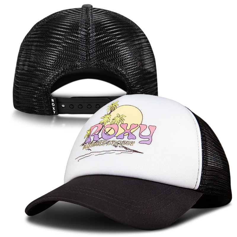 A black and white ROXY trucker cap with mesh back, featuring “ROXY” in pink and yellow on the front, palm trees, a sunset, and an adjustable snapback closure for the perfect fit. Shown from both front and rear angles, this hat combines sun protection with signature style.