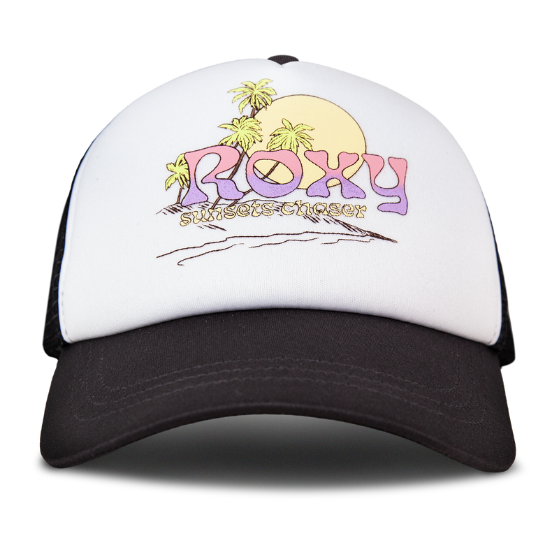 The Roxy Sandy Top Trucker cap in Anthracite/White features a black and white design with a sunset, palm trees, and the words “ROXY sunset chaser” in pastel colors on the front. It includes an adjustable snapback for a comfortable fit and is designed to provide sun protection during all your adventures.