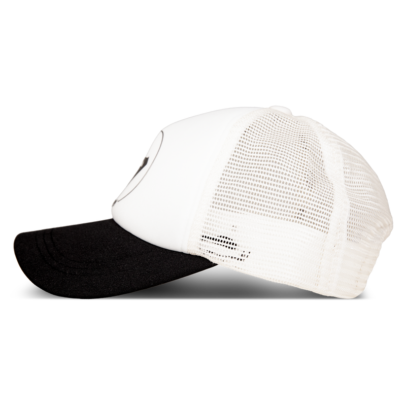 The Roxy Truckin Trucker is a classic trucker cap with white mesh and fabric, a curved black brim, and is shown from a side angle against a white background.