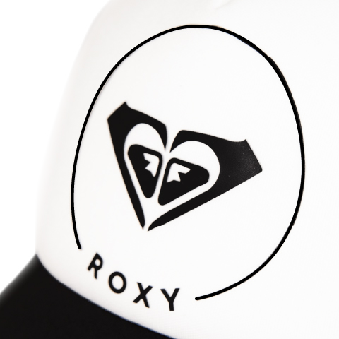 Close-up of the Roxy “Truckin Trucker” cap, featuring a white front panel with a centered black Roxy logo—two mirrored heart shapes within a circle above the word “ROXY.”.