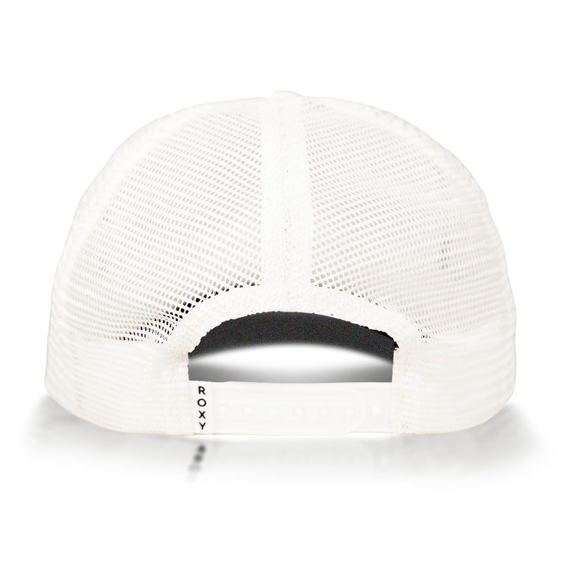 Back view of the Roxy Truckin Trucker hat, featuring white mesh and an adjustable snapback closure. The word ROXY is printed vertically on the left side of the closure, adding a touch of rugged style to this classic cap.