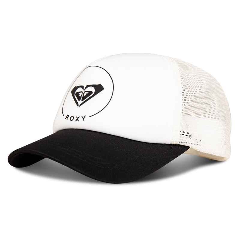 The Roxy Truckin Trucker is a white and black classic trucker hat featuring a mesh back and the ROXY logo in black on the front panel, displayed on a plain white background—perfect for adding rugged style to any outfit.