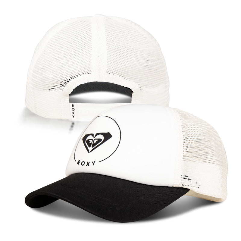 Introducing the Roxy Truckin Trucker — a white mesh trucker cap with a black curved brim and the signature black Roxy logo on the front. The back features an adjustable snapback closure, enhancing its rugged style and classic trucker appeal.