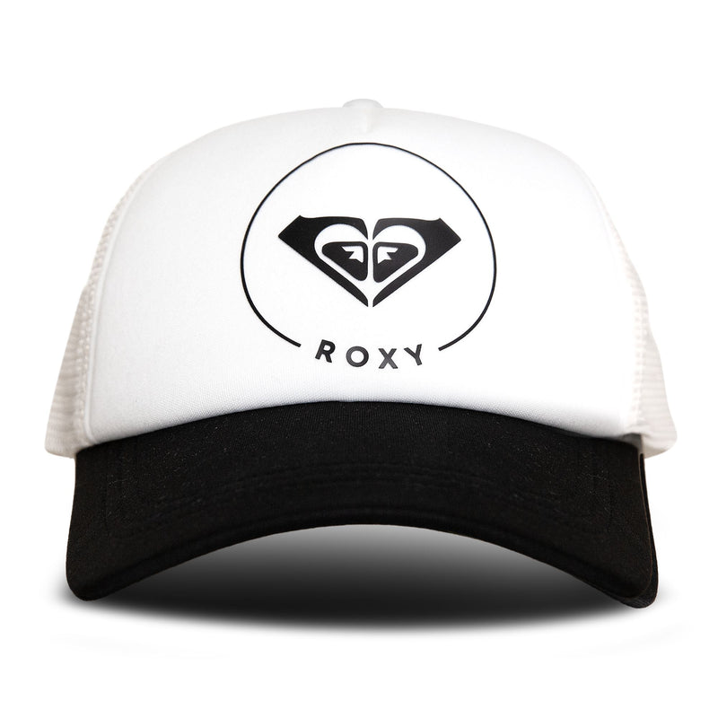 Introducing the Roxy Truckin Trucker hat in Cloud Dancer, a classic white and black trucker cap with a contrasting black brim and the bold Roxy logo and name on the front—an ideal accessory for adding rugged style to any outfit.