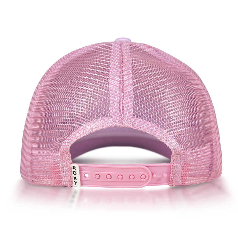 The Sandy Top Trucker by Roxy is a pink mesh trucker cap seen from the back, featuring an adjustable snapback closure and a small white tag with the ROXY logo—ideal for sun protection on bright days.