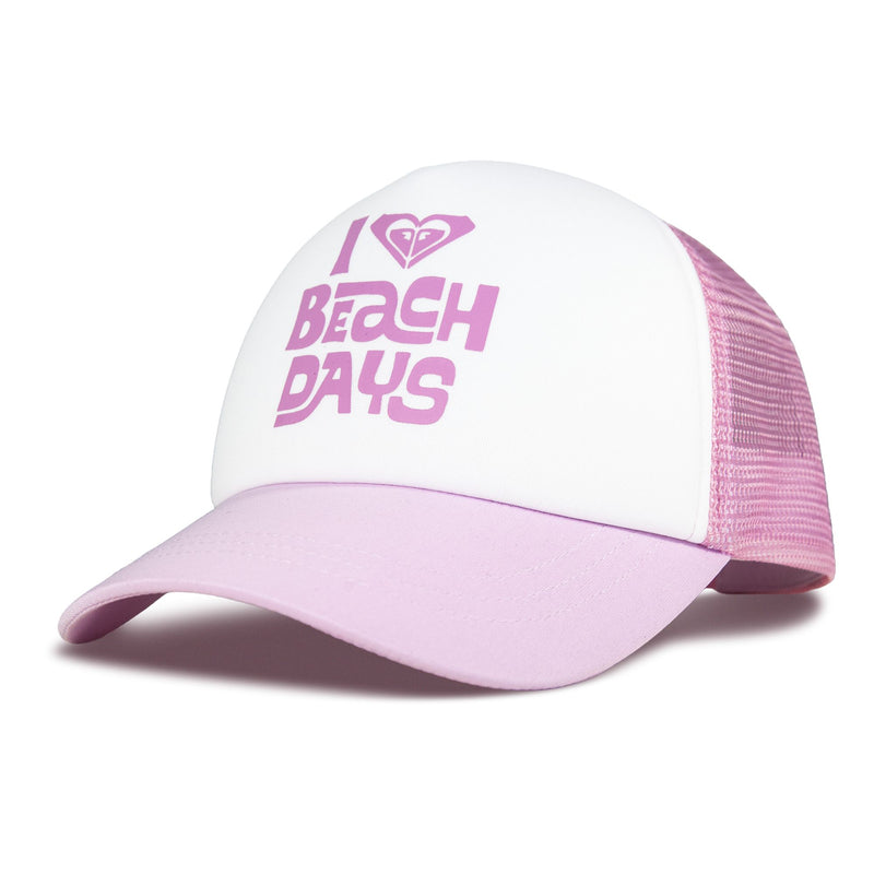 The ROXY Sandy Top Trucker cap features a pink and white design with “I ♥ BEACH DAYS” printed in pink letters on the front, a pink mesh back, and an adjustable snapback for a comfortable fit and extra sun protection during your adventures.