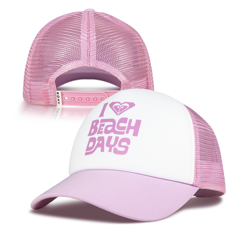 The ROXY Sandy Top Trucker cap features a pink and white design with “I ♥ Beach Days” in pink lettering on the front. It offers a comfortable fit with a mesh back and adjustable snapback closure, and its curved light pink brim provides extra sun protection for all your beach adventures.