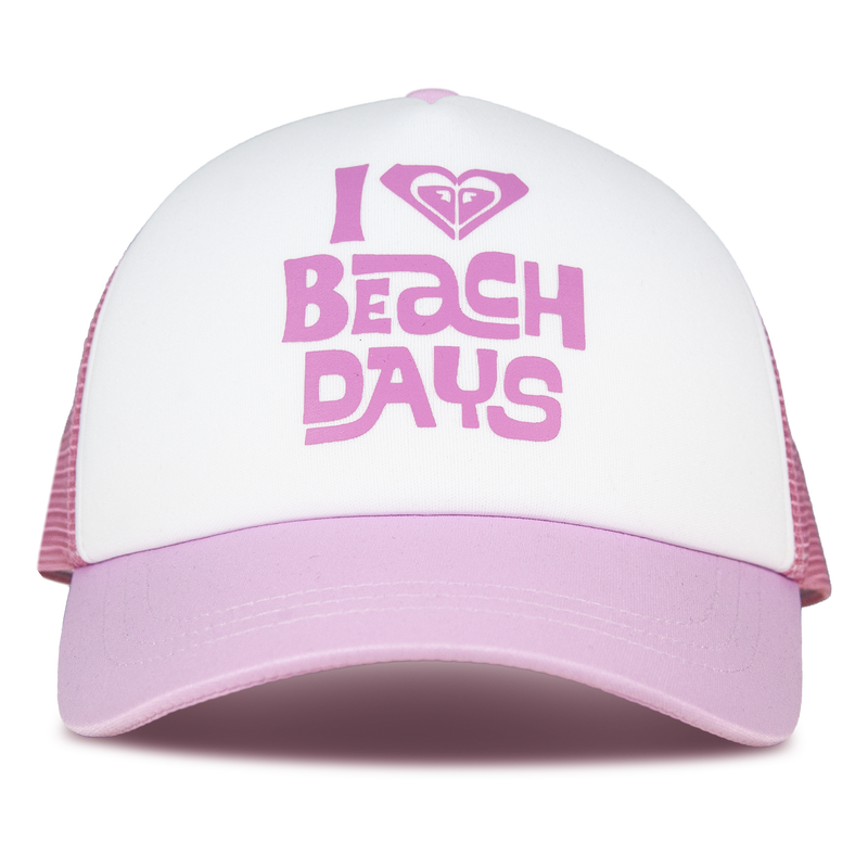 A lilac sachet Sandy Top Trucker cap by ROXY featuring the words “I love Beach Days” printed in pink on the front, a stylized heart design above the text, and an adjustable snapback for comfort and sun protection.